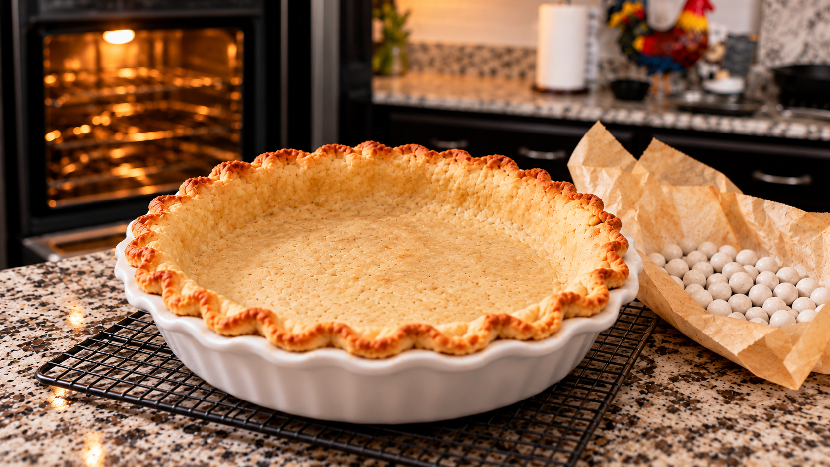 Par-baked butter pie crust beside parchment and pie weights.