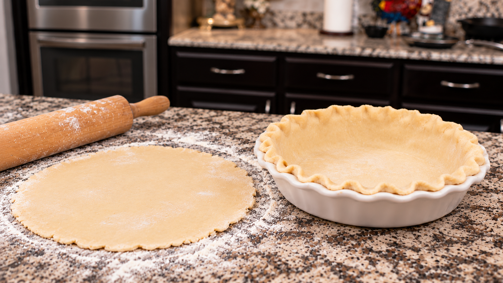 Rolled pie dough beside a crimped unbaked pie shell.