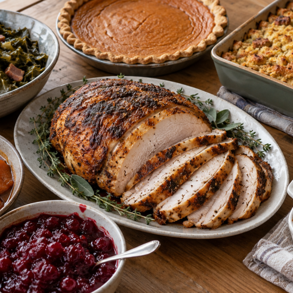 Southern Thanksgiving spread with roasted turkey breast, macaroni and cheese, greens, candied yams, cranberry sauce, and pie