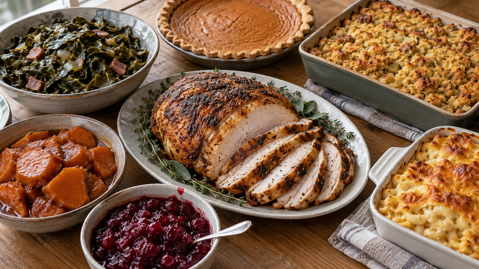 Southern Thanksgiving spread with roasted turkey breast, macaroni and cheese, greens, candied yams, cranberry sauce, and pie