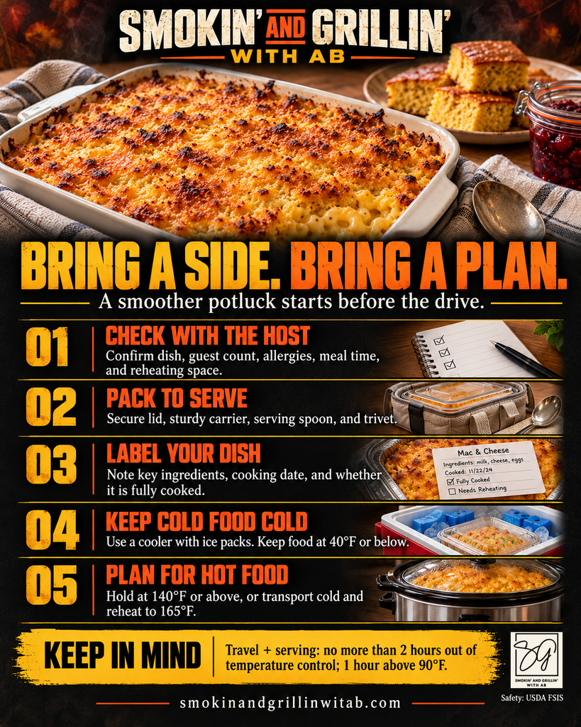 Infographic titled Smokin and Grillin with AB providing five tips for food safety at potlucks, covering what to bring as a Thanksgiving side, including packing to serve, labeling dishes, and maintaining safe temperatures for hot and cold food.