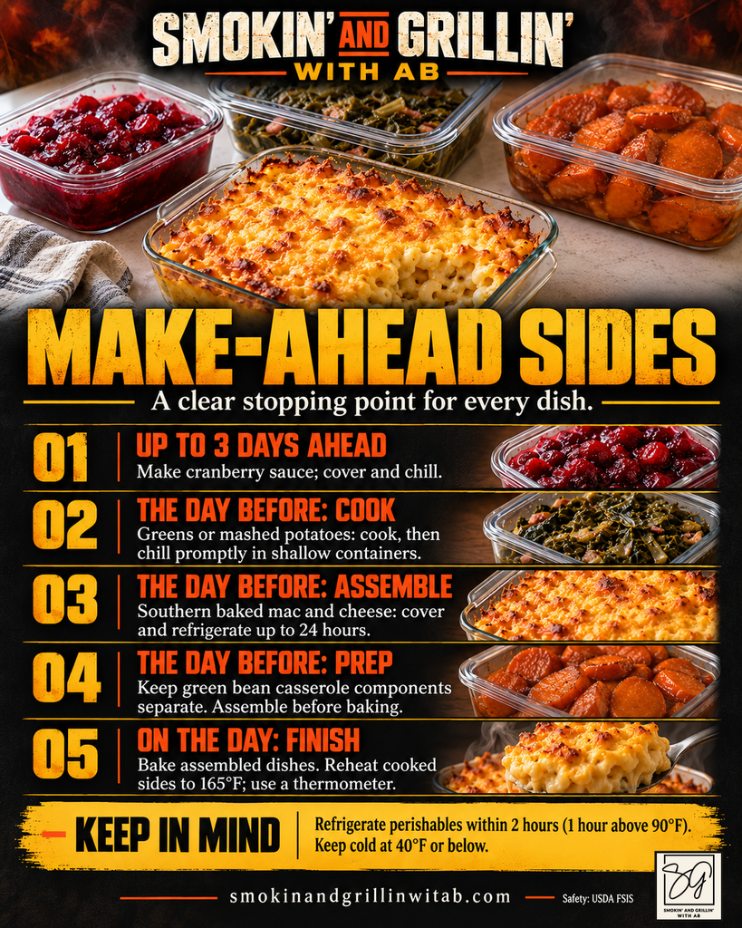 Infographic titled Make-Ahead Sides featuring holiday dishes and a five-step guide for food safety, showcasing Thanksgiving sides you can make ahead.